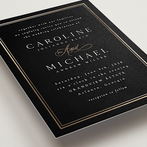 This is a noir foil stamped wedding invitations with foil pressed by Nicole Walsh called lustre printing on signature in standard