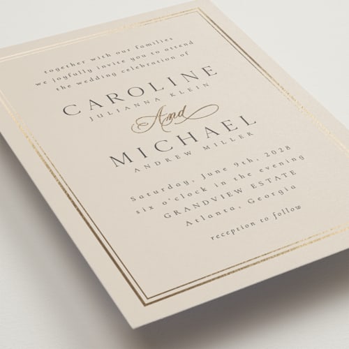 This is a sand foil stamped wedding invitations with foil pressed by Nicole Walsh called lustre printing on signature in standard