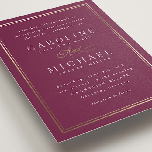 This is a berry foil stamped wedding invitations with foil pressed by Nicole Walsh called lustre printing on signature in standard