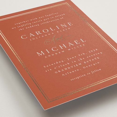 This is a sunset foil stamped wedding invitations with foil pressed by Nicole Walsh called lustre printing on signature in standard