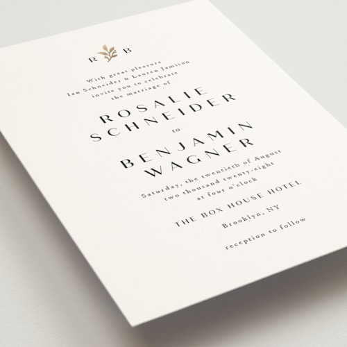 This is a black dahlia foil stamped wedding invitations with foil pressed by Olivia Raufman called petite sprig printing on signature in standard