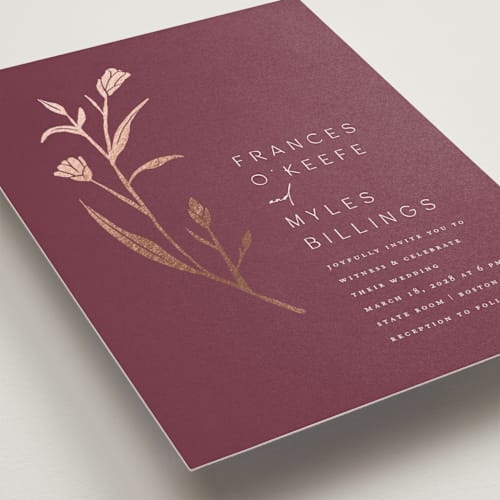 This is a merlot foil stamped wedding invitations with foil pressed by Amy Kross called perennial printing on signature in standard