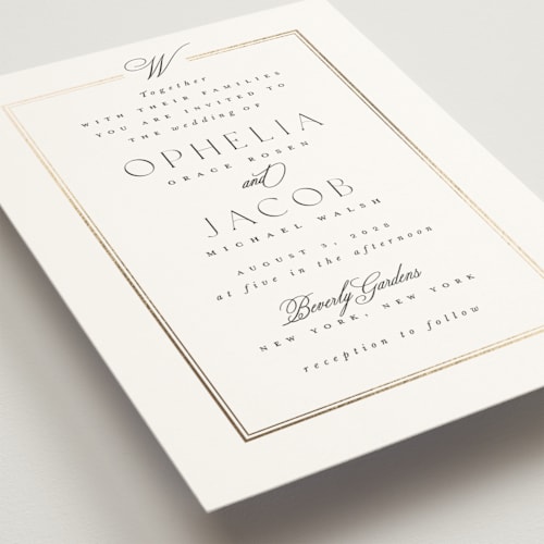 This is a pearl foil stamped wedding invitations with foil pressed by Leah Bisch called elegant type printing on signature in standard