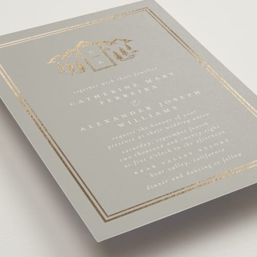 This is a bells foil stamped wedding invitations with foil pressed by Ana de Sousa called summit serenity printing on signature in standard