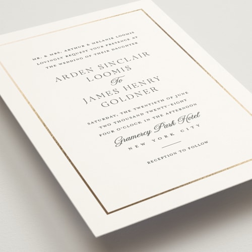 This is a pearl foil stamped wedding invitations with foil pressed by Stacey Meacham called opulence printing on signature in standard