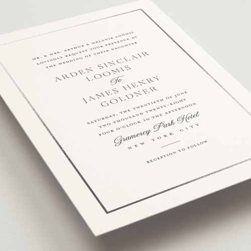 This is a pearl foil stamped wedding invitations with foil pressed by Stacey Meacham called opulence printing on signature in standard