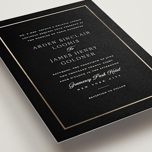 This is a night foil stamped wedding invitations with foil pressed by Stacey Meacham called opulence printing on signature in standard