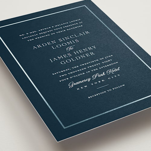 This is a navy foil stamped wedding invitations with foil pressed by Stacey Meacham called opulence printing on signature in standard