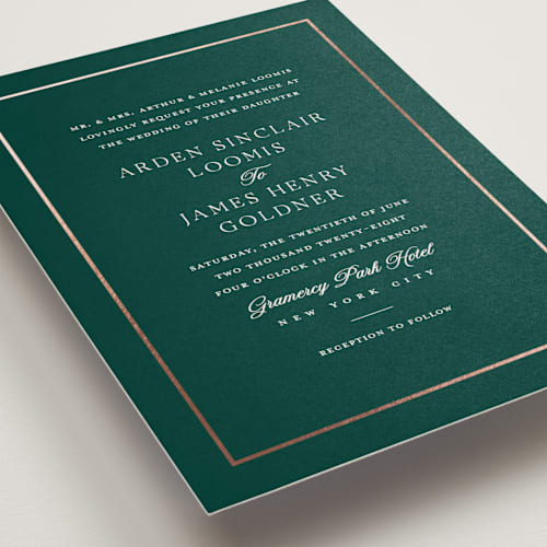 This is a forest foil stamped wedding invitations with foil pressed by Stacey Meacham called opulence printing on signature in standard