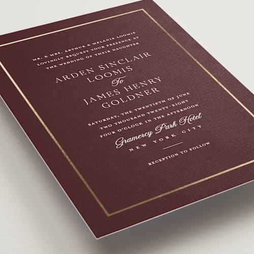 This is a garnet foil stamped wedding invitations with foil pressed by Stacey Meacham called opulence printing on signature in standard