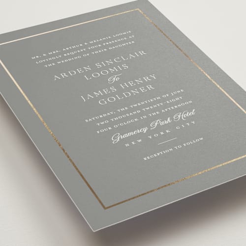 This is a ash foil stamped wedding invitations with foil pressed by Stacey Meacham called opulence printing on signature in standard