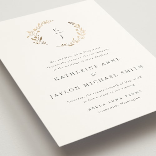 This is a cloudy foil stamped wedding invitations with foil pressed by Jennifer Postorino called embrace printing on signature in standard
