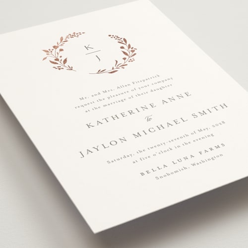 This is a taupe foil stamped wedding invitations with foil pressed by Jennifer Postorino called embrace printing on signature in standard