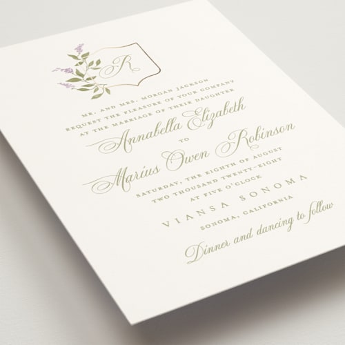 This is a lilac foil stamped wedding invitations with foil pressed by Kristie Kern called marmont printing on signature in standard