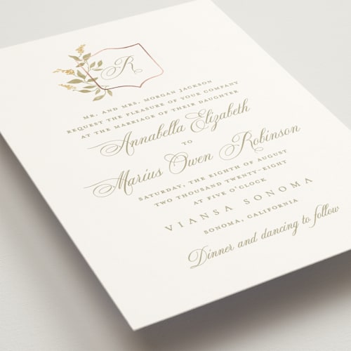 This is a goldenrod foil stamped wedding invitations with foil pressed by Kristie Kern called marmont printing on signature in standard