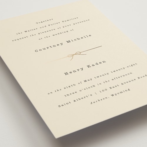 This is a ivory foil stamped wedding invitations with foil pressed by Baumbirdy called bow tie printing on signature in standard