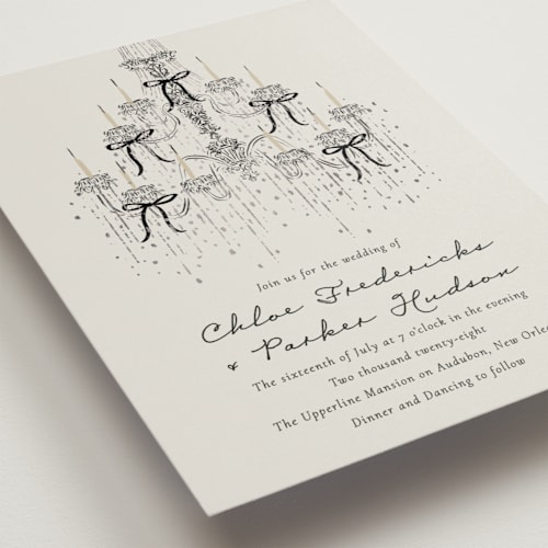 This is a noir foil stamped wedding invitations with foil pressed by Jackie Crawford called hand illustrated whimsical chandelier printing on signature in standard