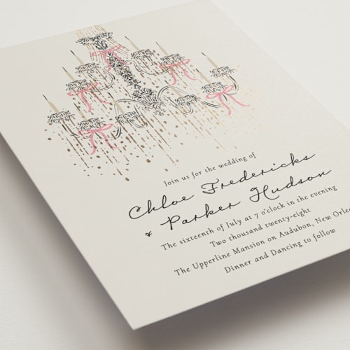 This is a petal foil stamped wedding invitations with foil pressed by Jackie Crawford called hand illustrated whimsical chandelier printing on signature in standard