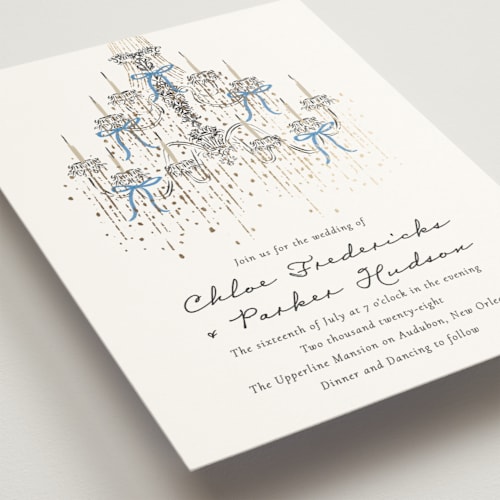 This is a cobalt foil stamped wedding invitations with foil pressed by Jackie Crawford called hand illustrated whimsical chandelier printing on signature in standard