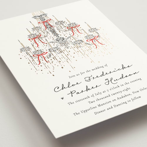 This is a ruby foil stamped wedding invitations with foil pressed by Jackie Crawford called hand illustrated whimsical chandelier printing on signature in standard
