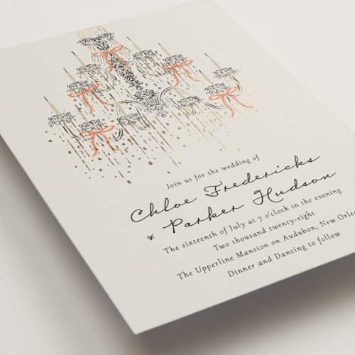 This is a tangerine foil stamped wedding invitations with foil pressed by Jackie Crawford called hand illustrated whimsical chandelier printing on signature in standard