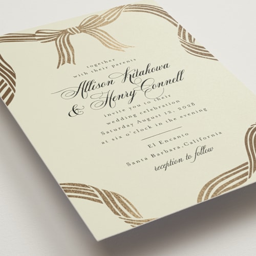 This is a champagne foil stamped wedding invitations with foil pressed by Chris Griffith called all tied up printing on signature in standard