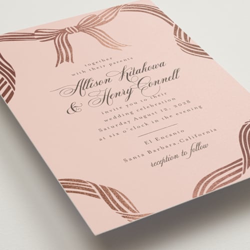 This is a rose foil stamped wedding invitations with foil pressed by Chris Griffith called all tied up printing on signature in standard
