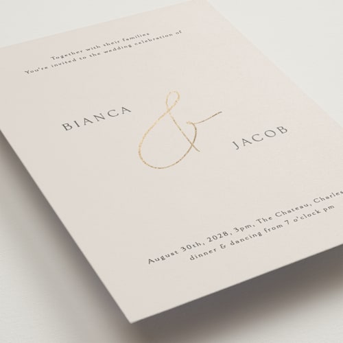 This is a ivory foil stamped wedding invitations with foil pressed by Angela Thompson called eloquent printing on signature in standard