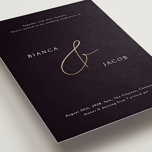 This is a midnight foil stamped wedding invitations with foil pressed by Angela Thompson called eloquent printing on signature in standard
