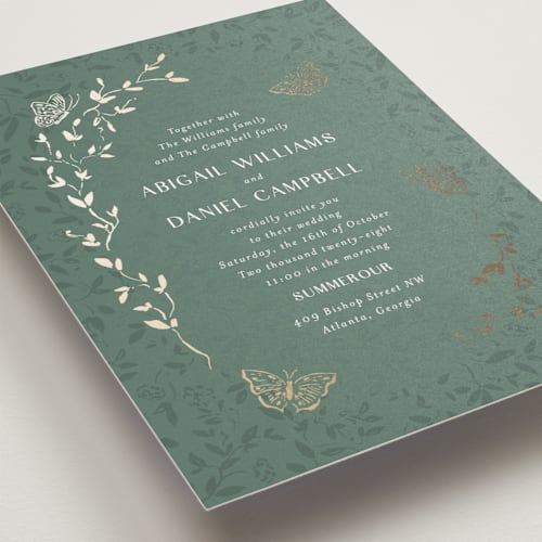 This is a eucalyptus foil stamped wedding invitations with foil pressed by Simona Camp called southern romance printing on signature in standard