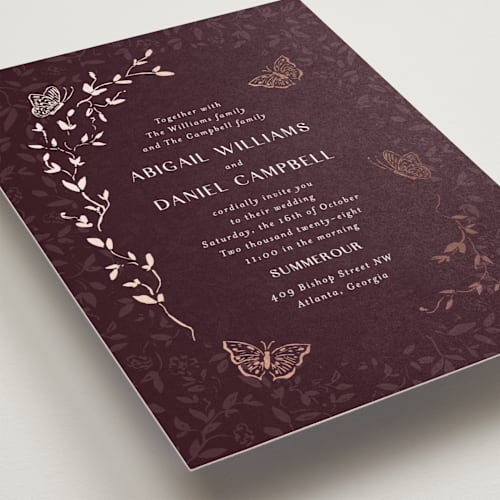 This is a cabernet foil stamped wedding invitations with foil pressed by Simona Camp called southern romance printing on signature in standard