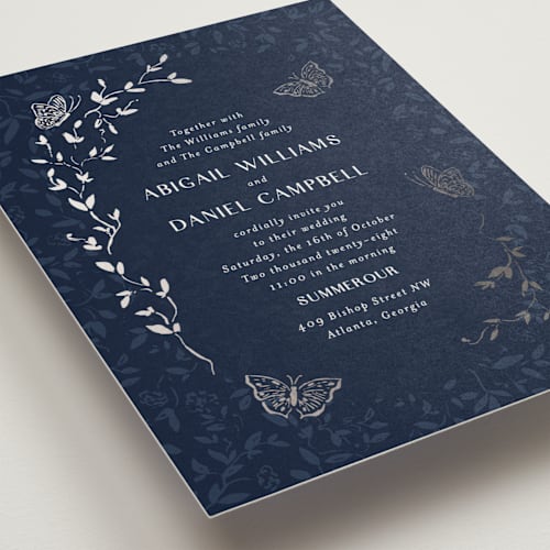 This is a sapphire foil stamped wedding invitations with foil pressed by Simona Camp called southern romance printing on signature in standard