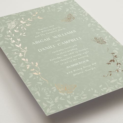 This is a pistachio foil stamped wedding invitations with foil pressed by Simona Camp called southern romance printing on signature in standard