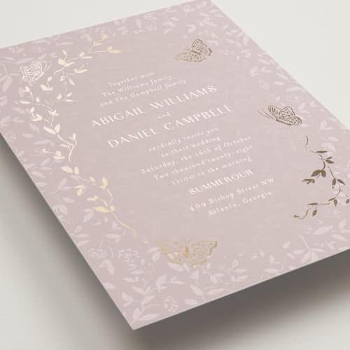 This is a petal foil stamped wedding invitations with foil pressed by Simona Camp called southern romance printing on signature in standard