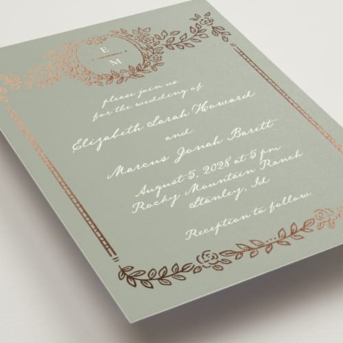 This is a sage foil stamped wedding invitations with foil pressed by Petra Kern called manuet printing on signature in standard