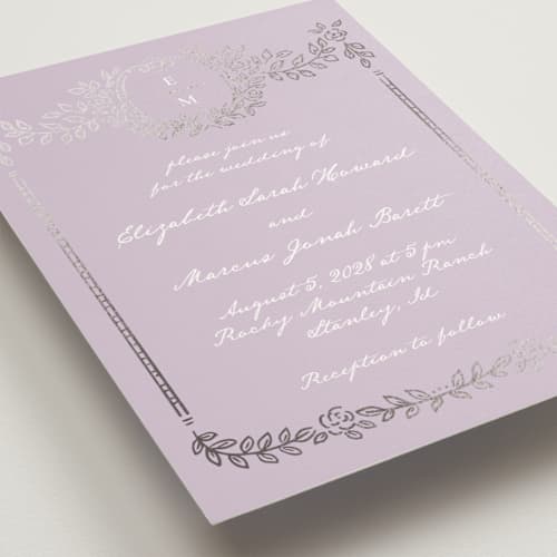 This is a lilac foil stamped wedding invitations with foil pressed by Petra Kern called manuet printing on signature in standard