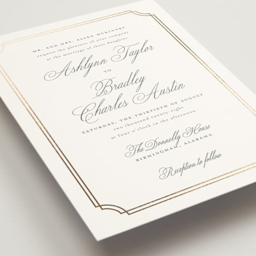 This is a mist foil stamped wedding invitations with foil pressed by Sarah Brown called formally printing on signature in standard