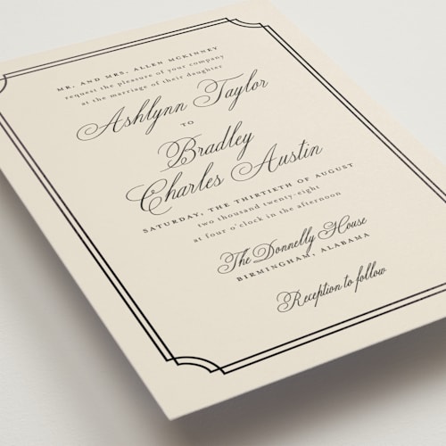 This is a ecru foil stamped wedding invitations with foil pressed by Sarah Brown called formally printing on signature in standard
