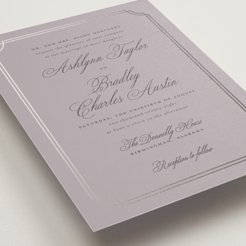 This is a dusty lilac foil stamped wedding invitations with foil pressed by Sarah Brown called formally printing on signature in standard