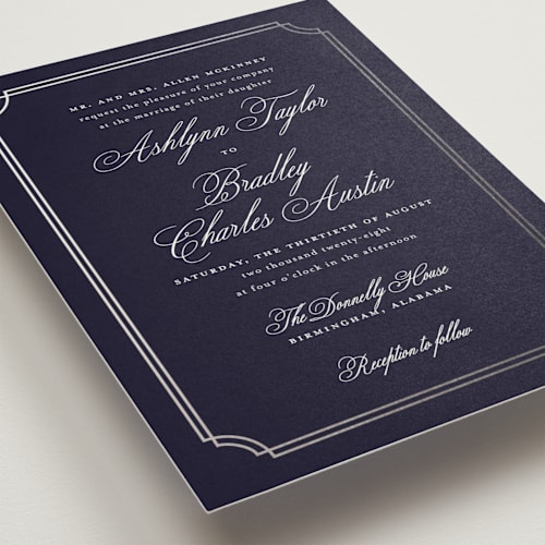This is a navy foil stamped wedding invitations with foil pressed by Sarah Brown called formally printing on signature in standard