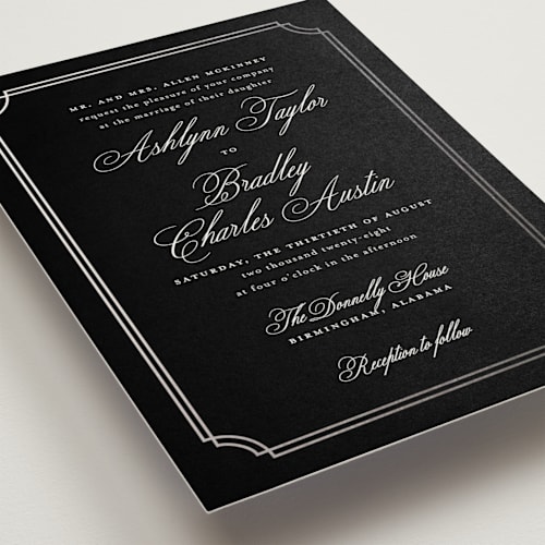 This is a pitch black foil stamped wedding invitations with foil pressed by Sarah Brown called formally printing on signature in standard
