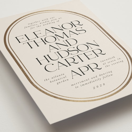 This is a sandstone foil stamped wedding invitations with foil pressed by Lori Wemple called oval printing on signature in standard
