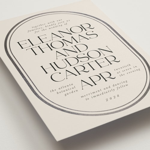 This is a sandstone foil stamped wedding invitations with foil pressed by Lori Wemple called oval printing on signature in standard