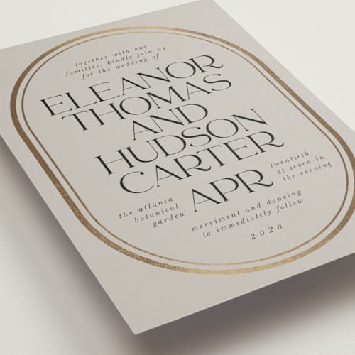 This is a stone foil stamped wedding invitations with foil pressed by Lori Wemple called oval printing on signature in standard