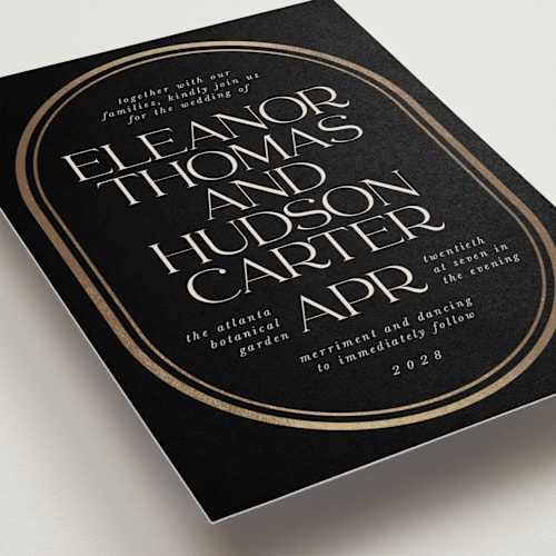 This is a noir foil stamped wedding invitations with foil pressed by Lori Wemple called oval printing on signature in standard