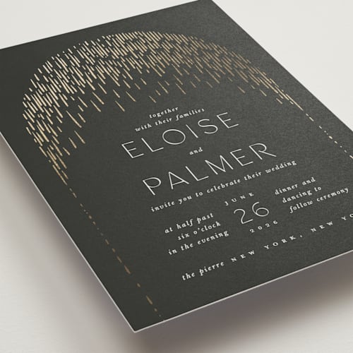 This is a midnight foil stamped wedding invitations with foil pressed by Leah Bisch called fringe printing on signature in standard