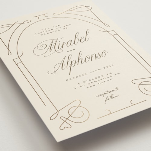 This is a cream foil stamped wedding invitations with foil pressed by Katie Zimpel called simple art nouveau printing on signature in standard
