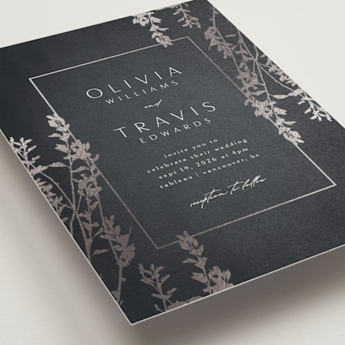 This is a navy foil stamped wedding invitations with foil pressed by Kelly Schmidt called quince printing on signature in standard