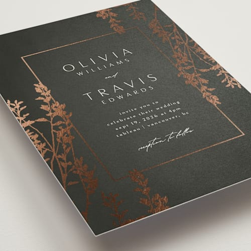 This is a ivy foil stamped wedding invitations with foil pressed by Kelly Schmidt called quince printing on signature in standard
