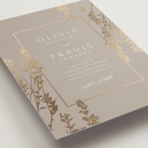 This is a mist foil stamped wedding invitations with foil pressed by Kelly Schmidt called quince printing on signature in standard